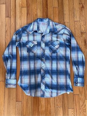 VTG 70s H Bar C Pearl Snap Blue Plaid Long-Sleeve Western Shirt Spread Collar